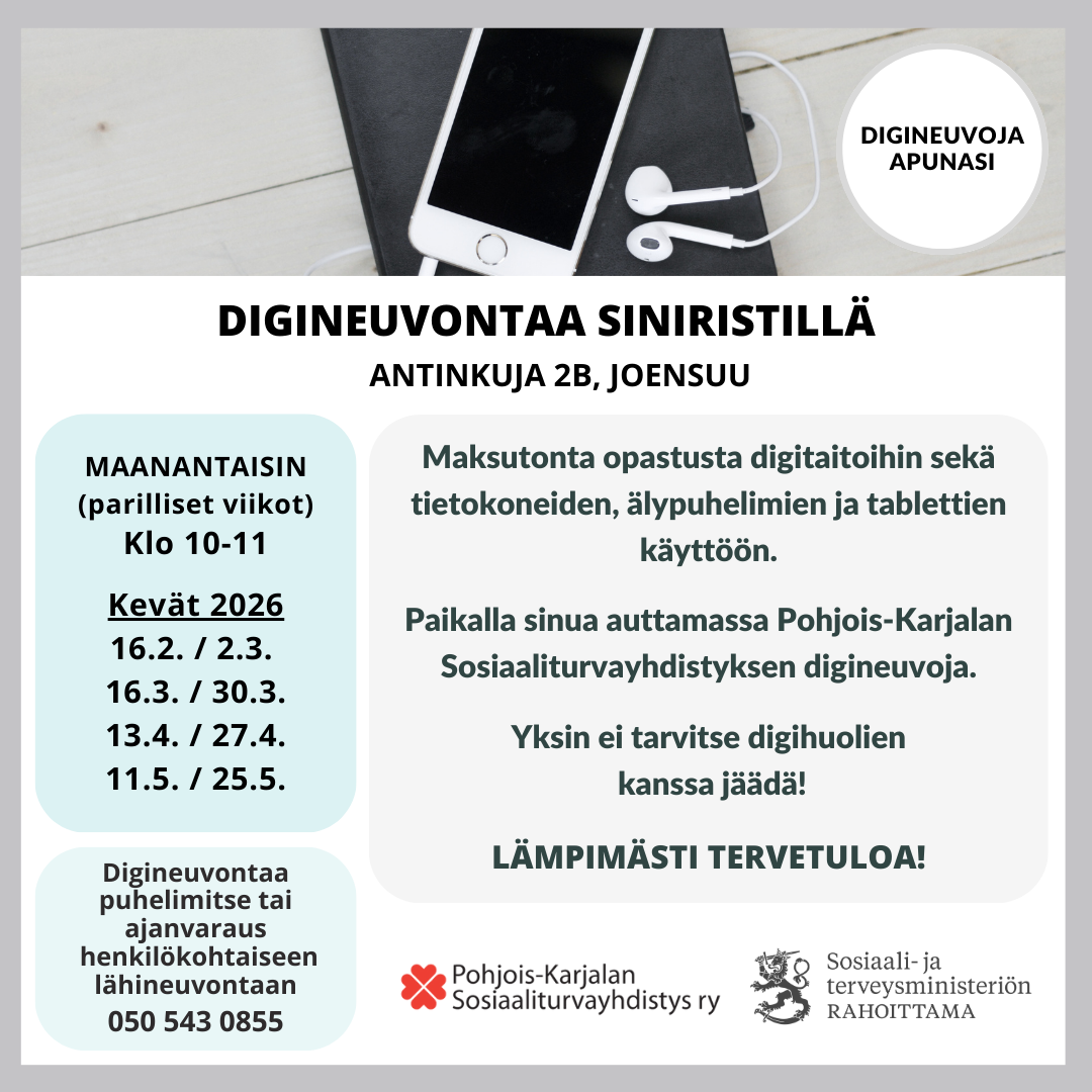 Siniristin digineuvonnan mainos, jossa aikataulut
